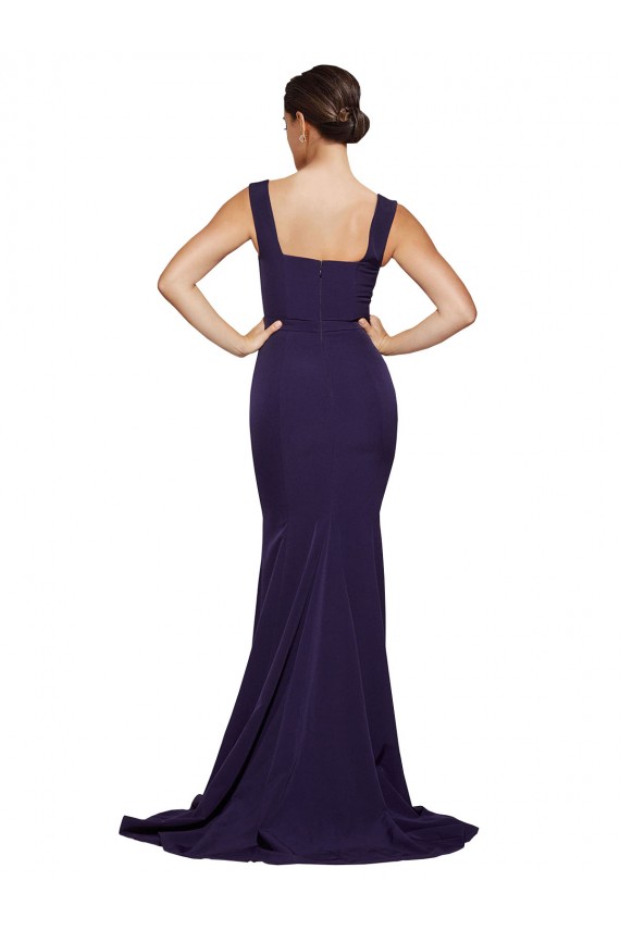 Dark Navy Square Neck Sleeveless Sweep Train Prom Dress Canada Supplier