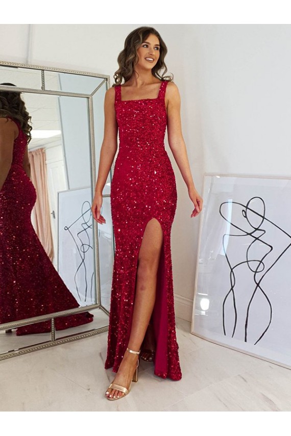 Burgundy Square Neck Sleeveless Long Sheath Prom Dress Canada Supplier