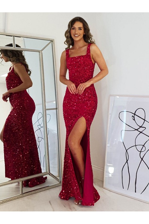 Burgundy Square Neck Sleeveless Long Sheath Prom Dress Canada Supplier