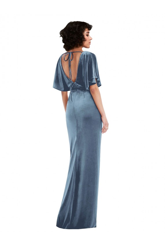 Dusty Blue Flutter Sleeves Open Back Long Prom Dress Canada Supplier