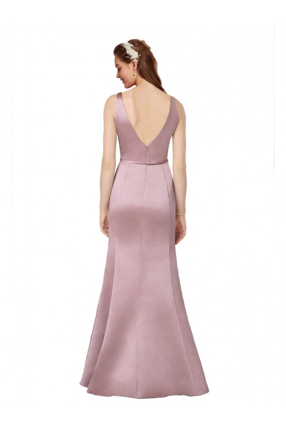 Burgundy V-Neck Sleeveless V-Back Satin Long Prom Dress Canada Supplier