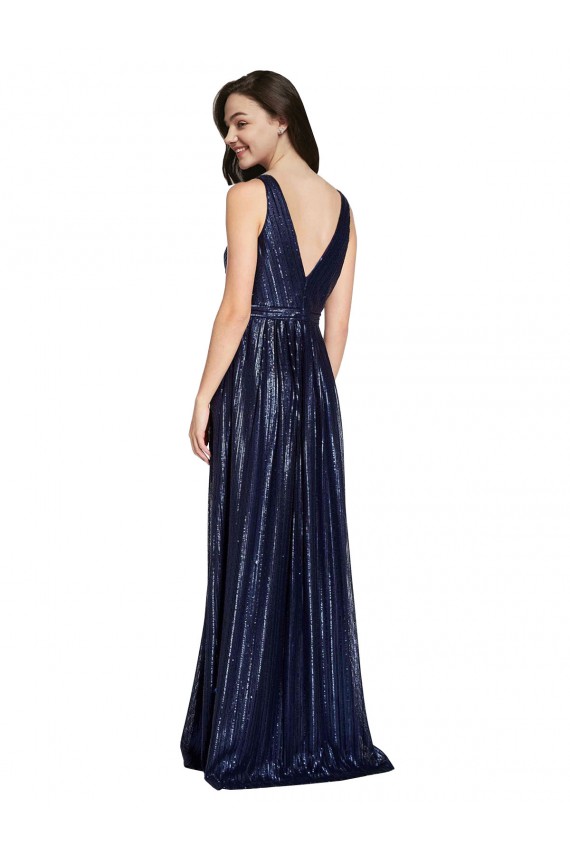 Dark Navy V-Neck Sleeveless V-Back Sequin Long Prom Dress Canada Supplier