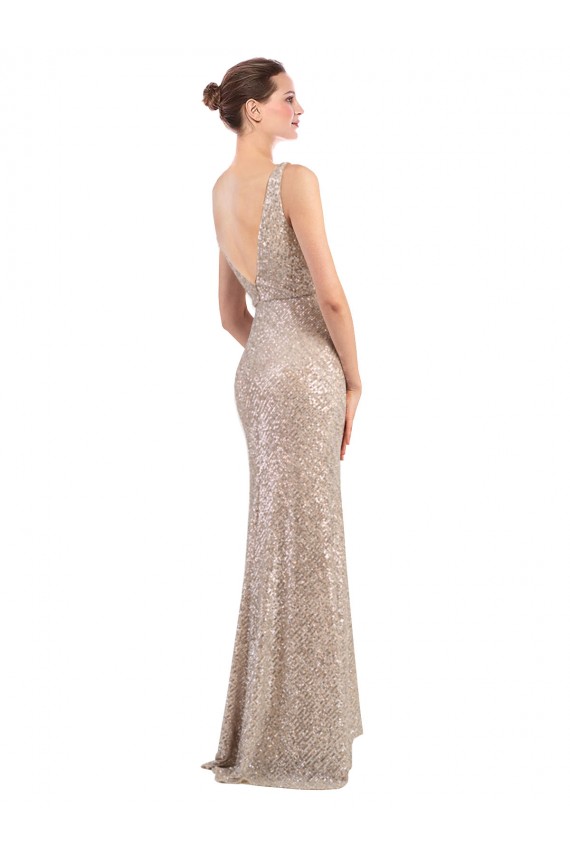 Silver V-Neck Sleeveless Low Back Long Prom Dress Canada Supplier