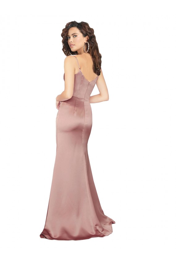 Dusty Pink V-Neck Sleeveless V-Back Silky Satin Long Prom Dress Canada Supplier