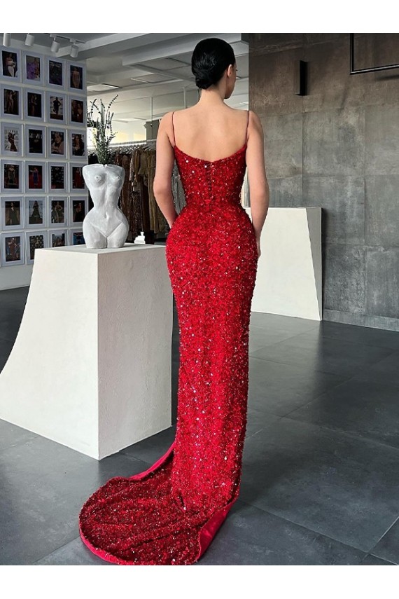 Red V-Neck Sleeveless Sweep Train Prom Dress Canada Supplier