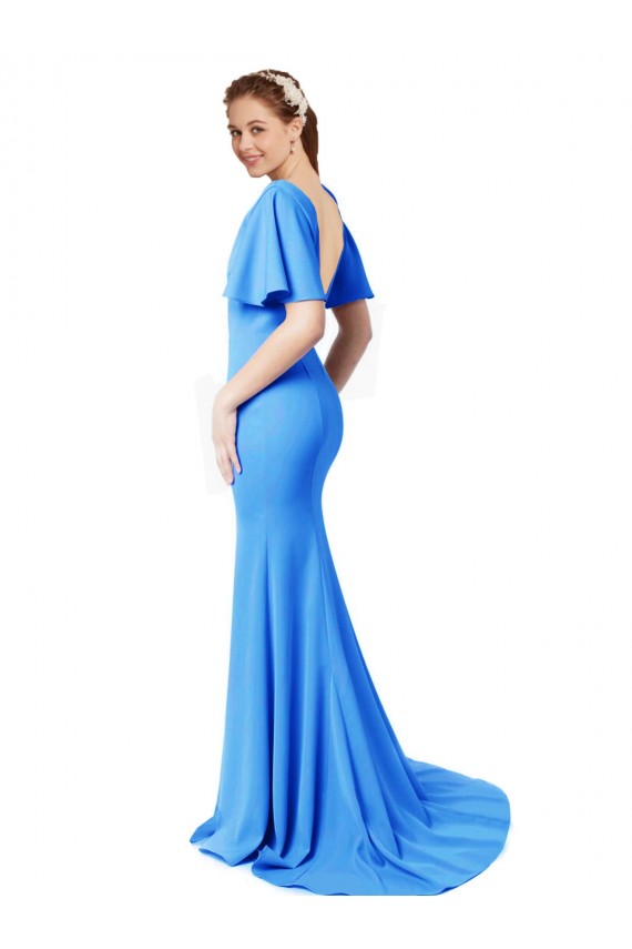 Peacock Blue V-Neck Short Sleeves V-Back Sweep Train Prom Dress Canada Supplier