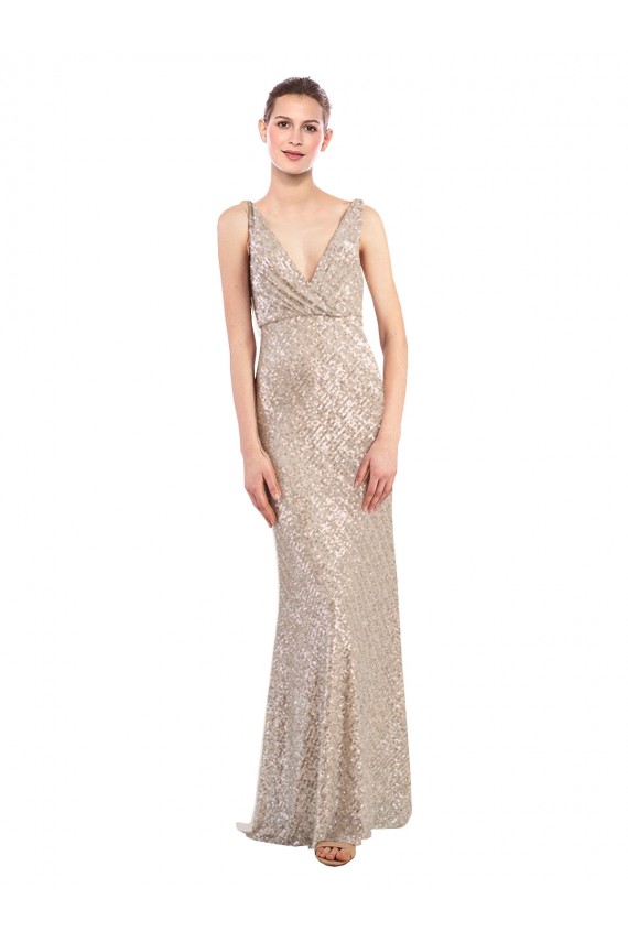 Silver V-Neck Sleeveless Low Back Long Prom Dress Canada Supplier