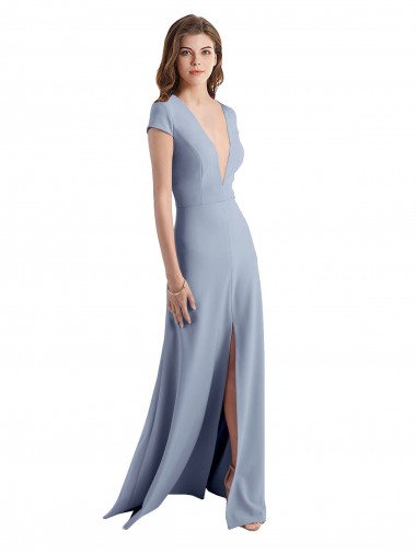 Smoke Blue High Neck Cap Sleeves Long Prom Dress Canada Supplier