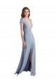 Smoke Blue High Neck Cap Sleeves Long Prom Dress Canada Supplier