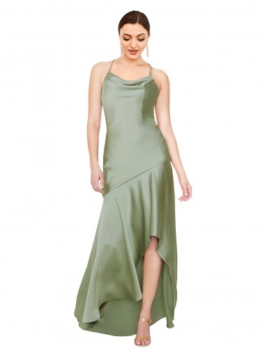 Smoke Green Cowl Neck Sleeveless Criss Cross Open Back Long Prom Dress Canada Supplier