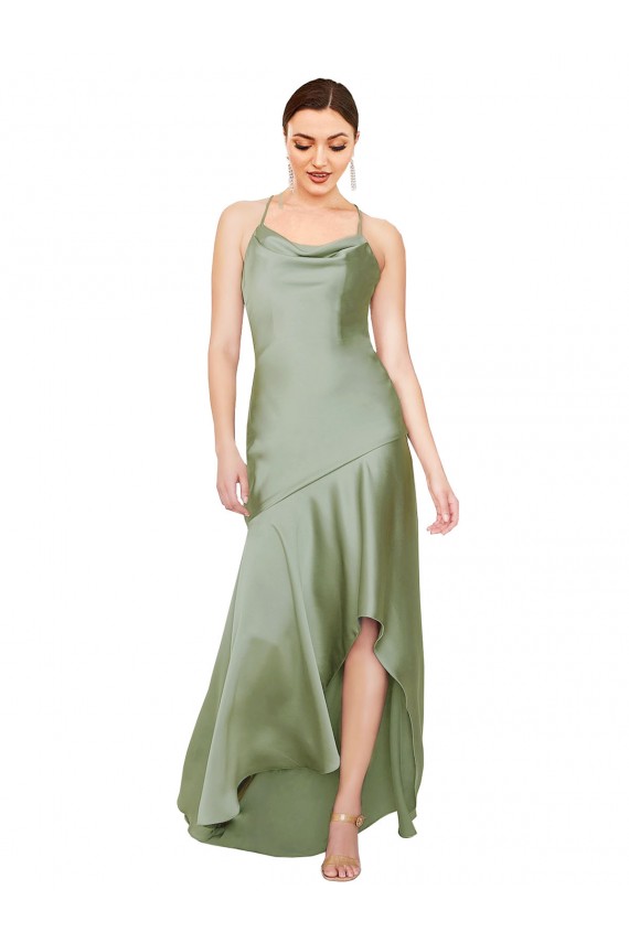 Smoke Green Cowl Neck Sleeveless Criss Cross Open Back Long Prom Dress Canada Supplier