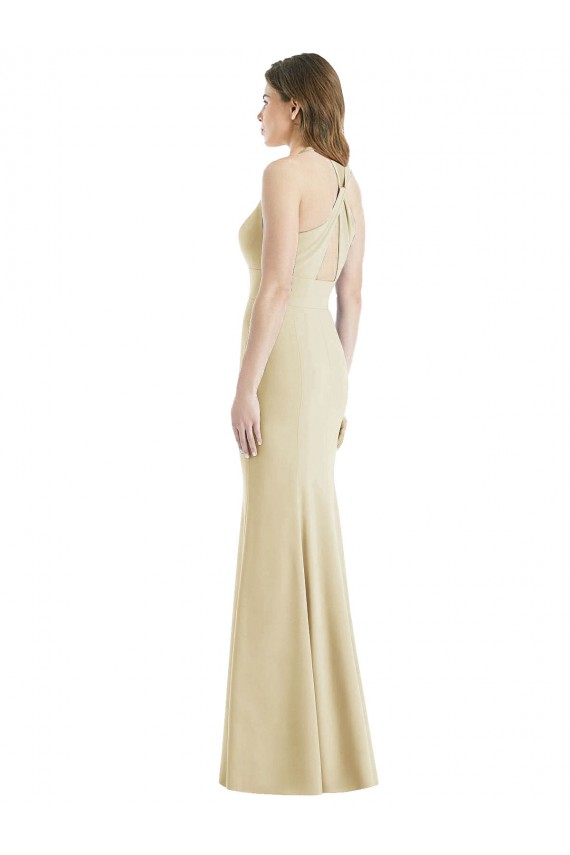 Champagne Bateau Neck Sleeveless Criss Cross Open Back Long Prom Dress Canada Supplier