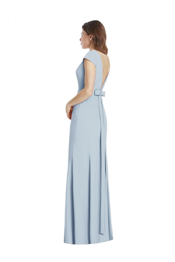 Light Sky Blue Bateau Neck Cap Sleeves Open Back Long Prom Dress Canada Supplier