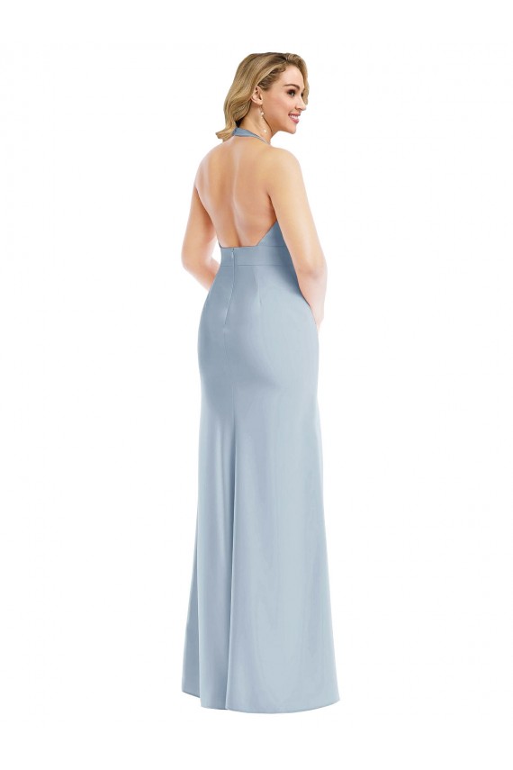 Light Sky Blue Halter Neck Sleeveless Open Back Long Prom Dress Canada Supplier