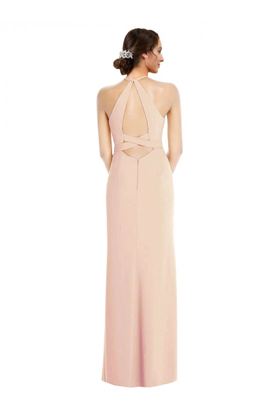 Nude Halter Neck Sleeveless Criss Cross Back Long Prom Dress Canada Supplier