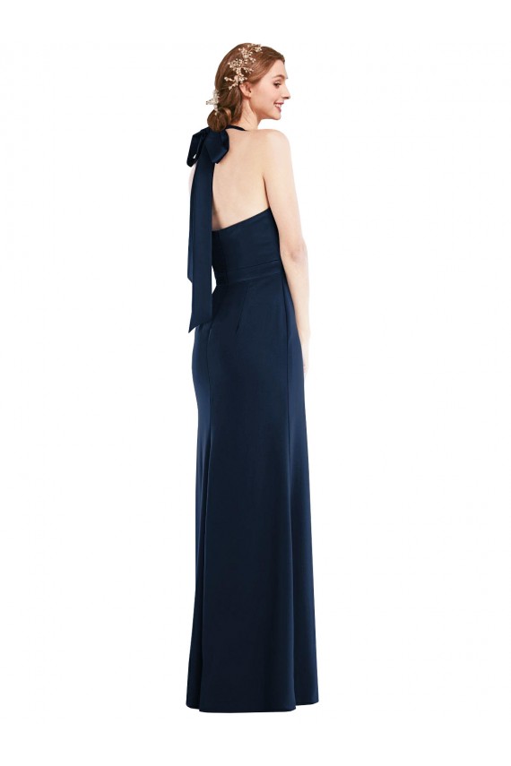 Dark Navy High Neck Sleeveless Open Back Long Formal Bridesmaid Gown Canada Supplier