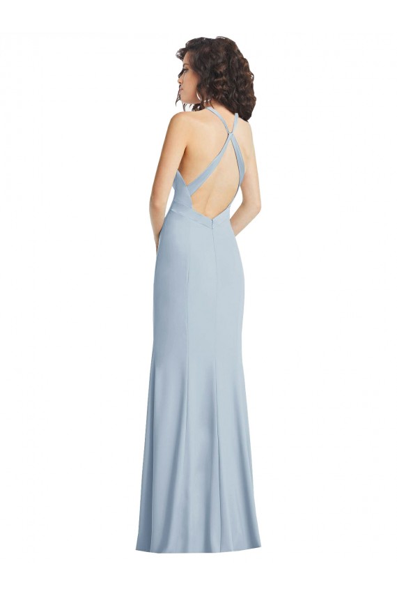 Light Sky Blue High Neck Sleeveless Criss Cross Back Long Prom Dress Canada Supplier