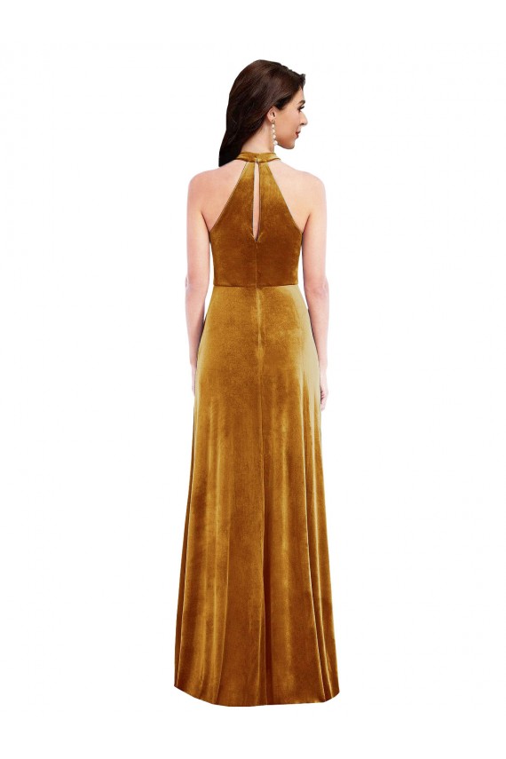 Gold High Neck Sleeveless Keyhole Back Long Prom Dress Canada Supplier