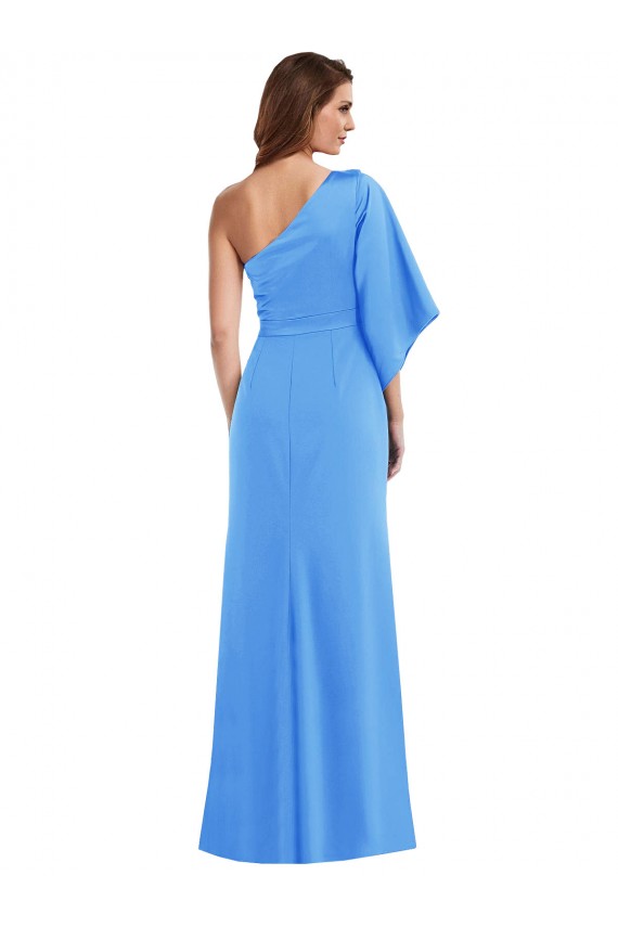 Peacock Blue One Shoulder Bell Sleeves Long Prom Dress Canada Supplier