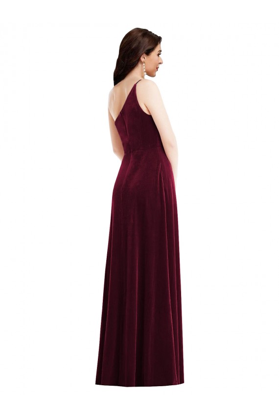 Burgundy One Shoulder Sleeveless Stretch Velvet Long Prom Dress Canada Supplier