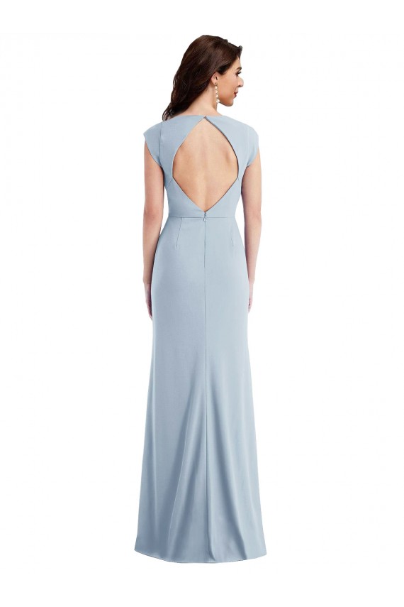 Light Sky Blue Cap Sleeves Open Back Long Prom Dress Canada Supplier