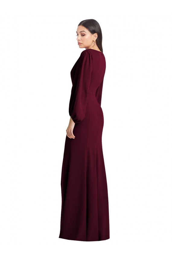 Burgundy Gold V-Neck Puff Sleeves Long Prom Dress Canada Supplier