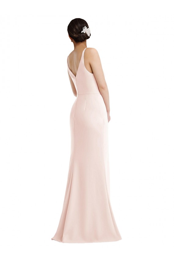 Pink V-Neck Sleeveless V-Back Stretch Crepe Long Prom Dress Canada Supplier
